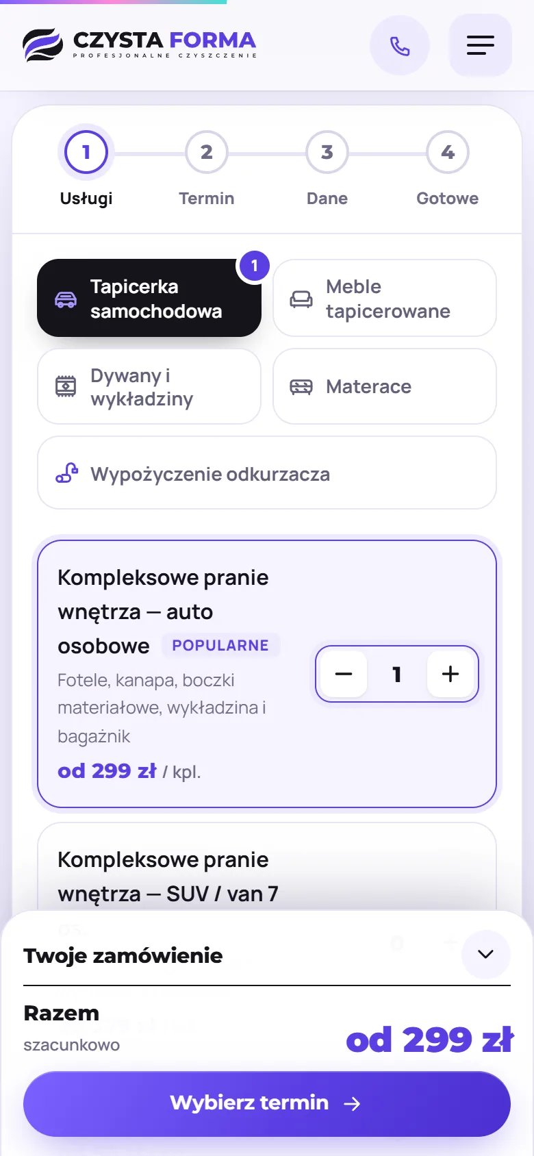 Bestellassistent von Czysta Forma auf dem Smartphone – Auswahl der Leistungen mit Preisen und Zusammenfassung mit dem Button „Wybierz termin“ („Termin wählen“)