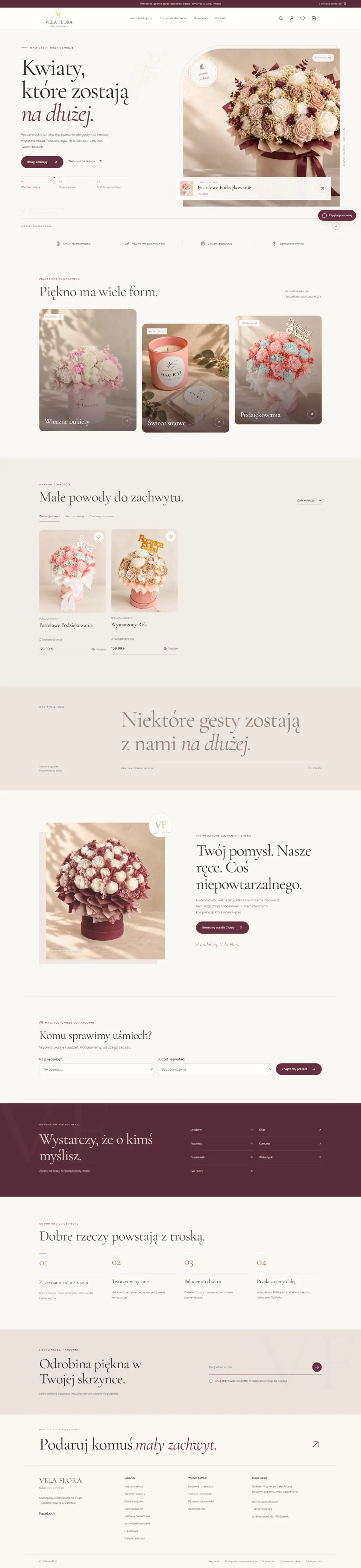 Cała strona główna Vela Flora: kolekcje, produkty z dedykacją, projekt indywidualny, kreator „Komu sprawimy uśmiech?”, wybór okazji i zapis na newsletter
