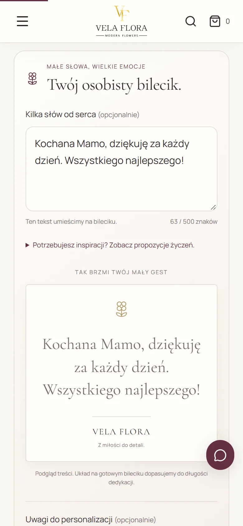 Karta produktu Vela Flora na telefonie – pole dedykacji i podgląd bileciku z wpisanymi życzeniami
